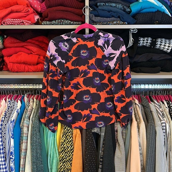 Maeve 100% silk orange/purple floral print long sleeve front cut out v neck XS - Picture 3 of 3
